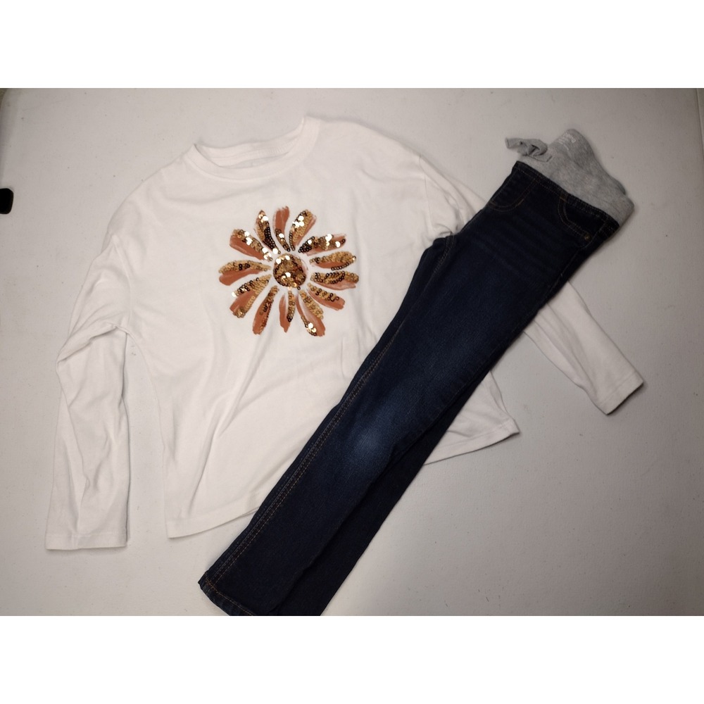 Wonder Nation Girls Sequin Daisy Top and Dark Wash Jegging Set White Blue S 6-6X